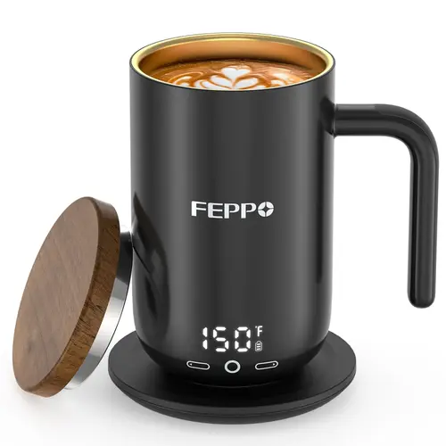 FEPPO Self-Heating Thermal Coffee Tumbler - 17oz Reusable Washable Smart Drink Cup with Lid, 5°F Precision Control, Titanium Coating, Real-Time Digital Display, 2600mAh Battery, Charging Base, Auto Shut-Off, Great Gift for Hot Beverage Enthusiasts