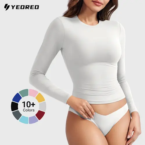 YEOREO Women's Long Sleeve Elegant Slim Soft Top - 2000s Y2K Cute Crew Neck, Double Lined Spandex-Nylon Fabric, Sports & Outdoor Going Out Top