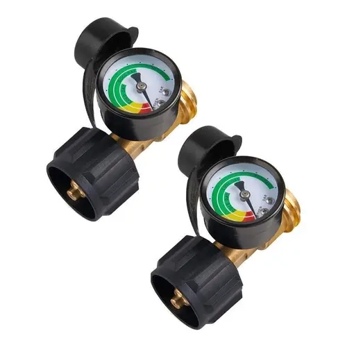 2 Pack Propane Tank Gauge Level Indicator & Leak Detector - Solid Brass, Color-Coded Dial, Accurate Fuel Monitoring, Heavy-Duty, Airtight Connection, Threaded Screw, Hassle-Free Installation, Fits 5-40lbs Type 1, Dual-Tank Setups BBQ Grill Accessory
