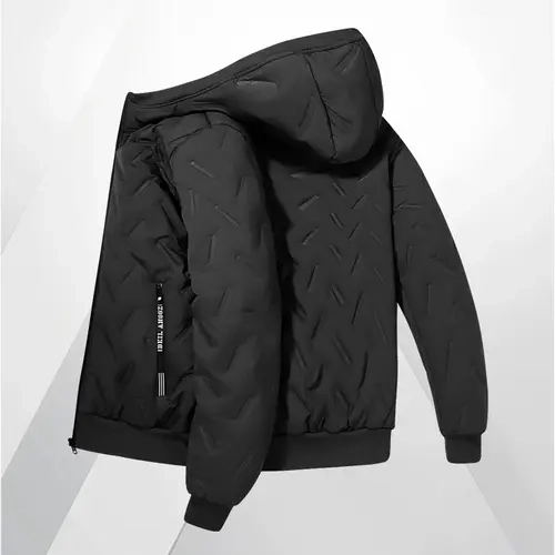Men's Hooded Casual Fleece Jacket - Fashion Fitted Polyester, Textured Fabric, Zip Closure, Side Pockets with Woven Straps, Sleek Cropped Silhouette, Minimalist Refined Look, Warmth for Everyday Styling, Sohochic