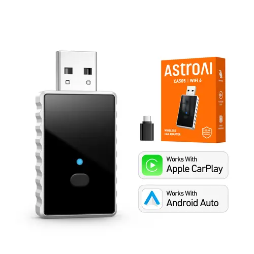 AstroAI Wireless CarPlay Adapter, 2-in-1 iOS+Android Ready Device for Cars with Factory-Wired CarPlay, Metal Material for Heat Dissipation, Glass Panel with Mark-Resistant Film, Plug & Play, Black (Father's Day Gift)