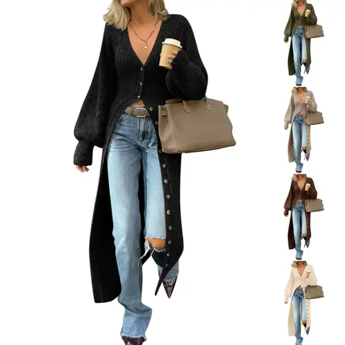 Tanming Womens Long Cardigan V Neck Button Down Lantern Sleeve Knit Duster Coat with Pockets Spring Fall Winter Outdoor Travel Streetwear Casual Daily Workwear