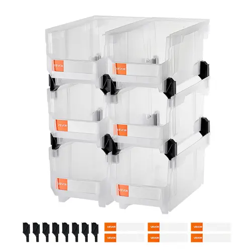 VEVOR Plastic Stackable Storage Bins - 6 Pack, 14.8x8.5x7.1 in Transparent Modular Boxes, Desktop Organizer Bins for Closet, Room Storage Organization