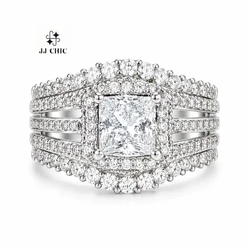 JJ CHIC Square Five-in-One Ring Micro Pave Halo Design Perfect Engagement Wedding Rings for Women Elegant & Versatile Jewelry