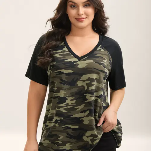 BLOOMCHIC Plus Size Camo Print Women's V-Neck Raglan Short Sleeve Casual Top (M-6X) - Stretchy Breathable Fabric, Casual Breathable Design, Contrast Patch, Flattering Fit, Clothes for Women, Plus Size Clothes, Back to School Haul, SohoChic