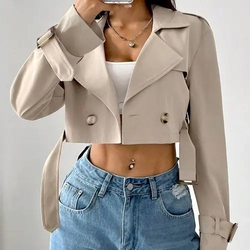 Women's Short Jacket Casual Plaid Collared Lightweight Trendy Double Button Blazer Jackets, Long Sleeve Loose-Fit Woven Fabric, Spring & Fall Fashion Outerwear for Women Button Adjustable Belt Womenswear Lady