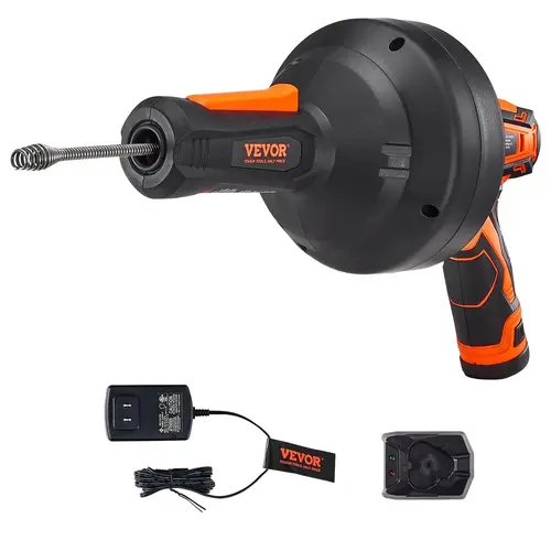 VEVOR 12V Rechargeable Battery Wireless Cordless Electric Drain Auger Sewer Snake, 25 ft Length Auto-Feed Steel Cable Pipe Unclogger, Flexible Bend, 3/4"-2" Pipe Clog Remover, Drill-Powered, 2.0Ah Batteries, Charger for Residential Food/Paper/Hair Clogs