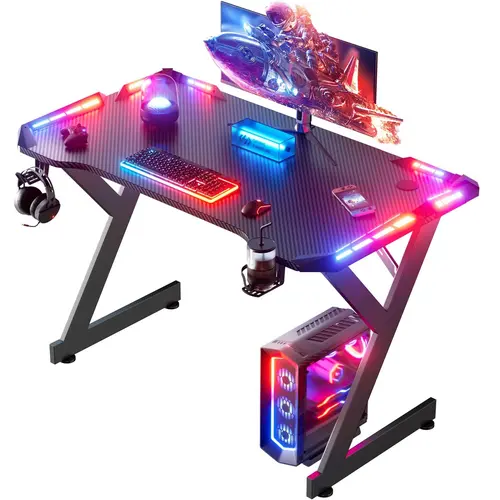 40-in Black Y-Shaped Carbon Fiber Office Gaming Computer Desk - Sturdy 220lb Capacity Home Office Workstation, Modern Ergonomic Furniture, RGB Lights, Cup Holder, Headphone Hook, Legroom Stretch, Uneven Surface Stability, Quick Easy Assembly
