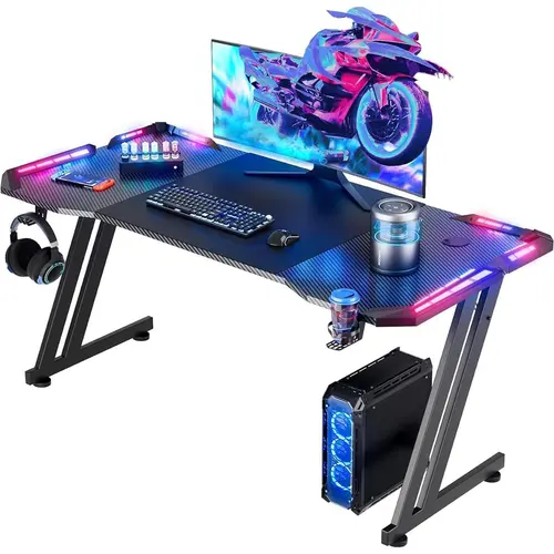 Ecofurnix Minimalist Black Z-Shaped Carbon Fiber RGB Gaming Desk (47/55/63 IN) - Dazzling Lights, Headphone Hook, Cup Holder, Easy Assembly, Gamer Stuff, Desks for Gaming, Teen Boy Gift, Room Stuff for Boys, for Home & Office