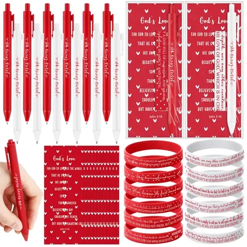 Christian Bible Verse Ballpoint Pen Set with Valentine's Day Cards, Inspiring Bookmarks, Silicone Friendship Bracelets – Festive Party Favor, Writing Instruments for Religious Students' Classroom Exchange
