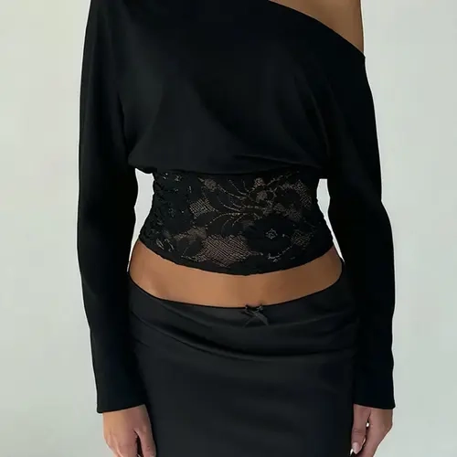 Women's Elegant Chic Lace Patchwork Slim-Fit Long Sleeve Asymmetrical Neckline Top Shirts Blouse, Blouses Shirts Tops, Lady, Womenswear, Spring & Fall Fashion, Plain Pattern, Moderate Fabric, Elegant Fitted Top