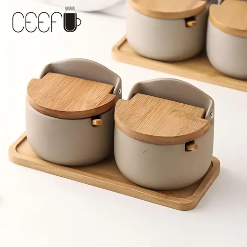 CEEFU Wabi-Sabi Ceramic Sugar Bowl & Spice Jar Set - Vintage High Porosity (Double Pores) Condiment Pot, Flip Top Lid, Spoon, Antique Finish, Quiet Elegance, Home Organizer Storage Canister, Ideal Wedding & Holidays Gift