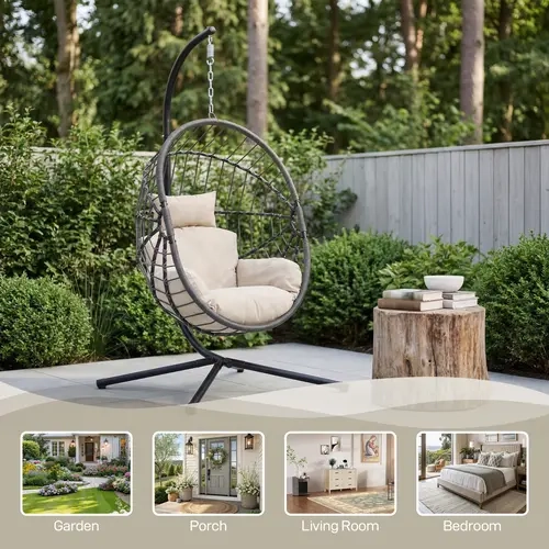 LHBcraft Comfortable & Chic Indoor/Outdoor Swing Egg Chair with Stand | UV-Resistant Wicker Hanging Egg Chair with Soft Cushion | 350LBS Capacity for Patio, Backyard & Balcony,
