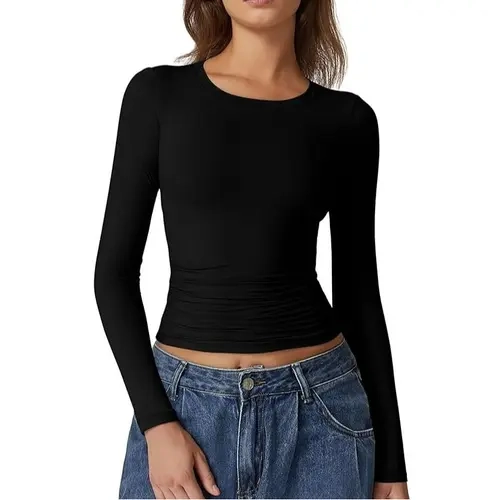 QINSEN Womens Crewneck Long Sleeve Shirt Double Lined Basic Tees Side Ruched Going Out Crop Tops