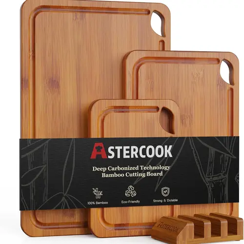 【Summervibes】Astercook 4-piece Bamboo Cutting Board Set with Holder Durable Charcoal Bamboo Cutting Board with Juice Groove Eco-Friendly Strong & Durable for Fruits Vegetables and Meats