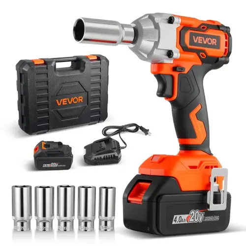 【Summerfinds】VEVOR 20V Cordless Brushless Impact Drill, 3/8 Inch Mechanic Tool Combination, 258.1 ft-lbs Torque Impact Wrench, 4Ah Battery, Charger, 5 Metal Sockets, Belt Clip for Car Tire Repairs - Mechanic Tools