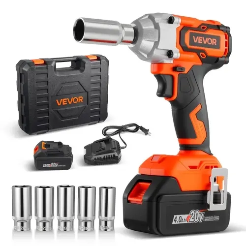 【toolupgrade】VEVOR 20V Cordless Impact Wrench Tool Kit Set, 3/8 Inch Drive, 280 ft-lbs/380 Nm Power, 4Ah Battery, Charger, 5 Sockets, Belt Clip, for Mechanics, Tire & Truck DIY
