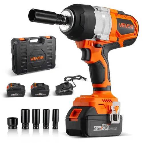 【toolupgrade】VEVOR 20V Cordless Brushless Impact Wrench - 958.8 ft-lbs/1300 Nm High Torque 1/2 inch Mechanic Tool, 2 x 4Ah Batteries, Charger, 5-Piece Socket Set, Belt Clip for Car/Truck Tire Repair, Father's Day Gifts for Mechanics, Brushless Impact Dril