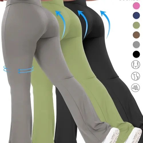 3pcs Women's Cross Waist Elastic Running Pants, Long Wide Leg Sportswear, Comfortable Fashion Design, 3 Pack Sports Trousers, Knitted Sports Pants, Exercise Pants