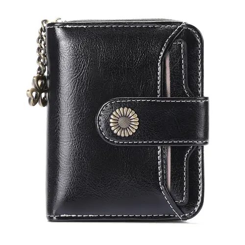Mini ladies' compact double fold wallet with detachable ID window, multiple card slots, zippered change pocket, and snap closure - classic red and black style, ladies' wallet | classic double fold wallet | wallet