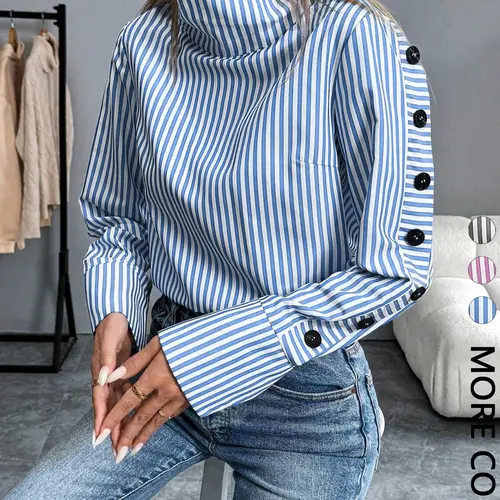 Women's Casual Striped High-Neck Fitted Blouse, Button Design, Daily Wear for Fall & Winter, Office Commute Essential