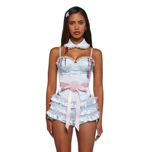 Horror Twin Costume - This set includes a corset top that has a floral satin construction, underwire bust