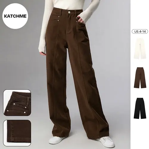 KatchMe Women's Minimalist High Waist Multi-Pocket Soft Stretch Wide Leg Trousers, Cozy Jeans Fall Outfits for Lady, Versatile Women's Bottom Womenswear