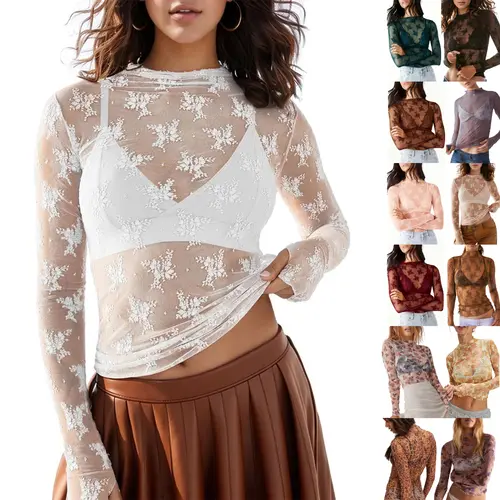 SCUSTY Women's Lace Mesh Tops Long Sleeve Floral Lace Blouse Sheer Mesh Mock Neck Layering Top  with Cowl Neckline & Floral Embroidery for Stylish Layering