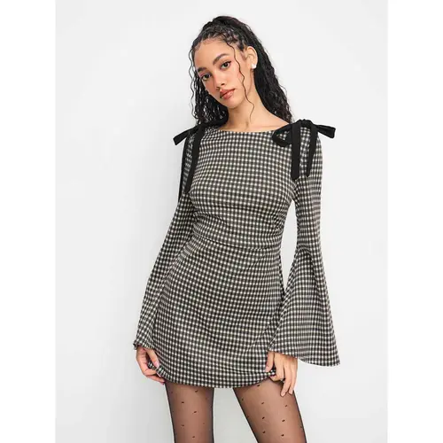 Cider Boat Neck Gingham Bowknot Ruched Mini Dress