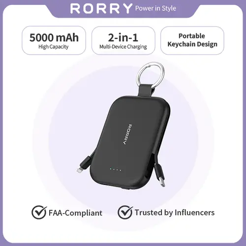 RORRY 5000/10000mAh Fast Charging Universal Power Bank - 2 Built-in Cables, Mini Keychain Portable Charger for iPhone & Android Mobile Devices, 5000mAh Black, Back to School, Device, Compact, Portable Battery Pack techvibes