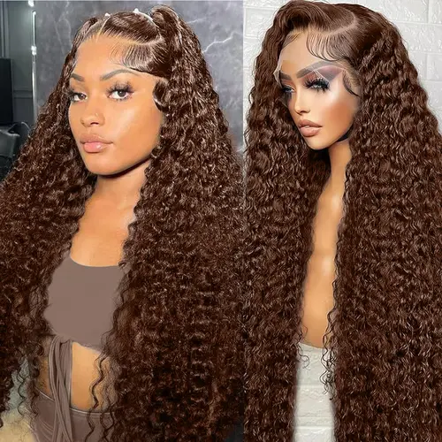 Zlzlblbl Chocolate Brown Water Wave Lace Front Wigs Human Hair 13x6 HD  Lace Frontal Wigs for  Women Pre Plucked 200% Density 4# Brown Color