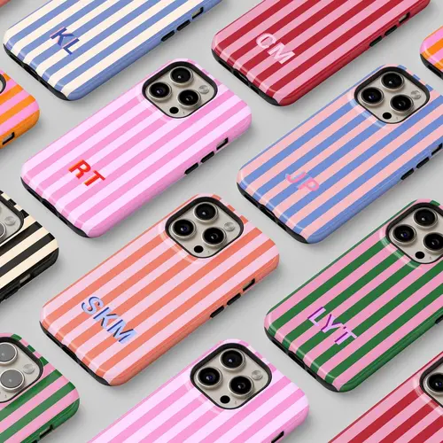 Customized Monogram Stripes PVC Cellphone Case - Slim, Lightweight, Shockproof Non-Woven Casing, Aesthetic Shadow Initials, Precise Cutouts, Protection Cover for iPhone 18-SE & Galaxy S26-S23 Devices