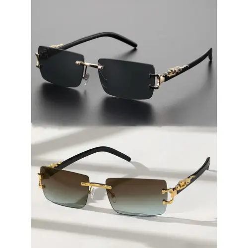 Unisex 2-Pack Rimless Rectangle Sunglasses - Fashionable Frames, Trendy Shades, Stylish Shades, UV400 Protection PC Lenses, Nylon Frames, Lightweight Durable Lightweight Practical Eyewear for Adults