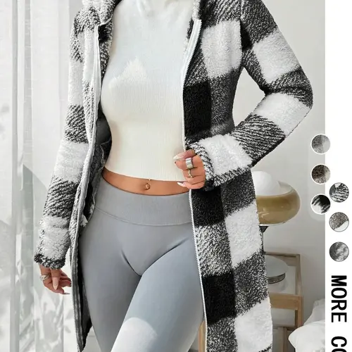 Women's Plaid Fleece Hooded Coat, Fall Winter Fashion, Casual, Fitted, Soft Fluffy Fabric & Full Zip Closure & Mid-Length Silhouette & Multiple Color Options, Womenswear