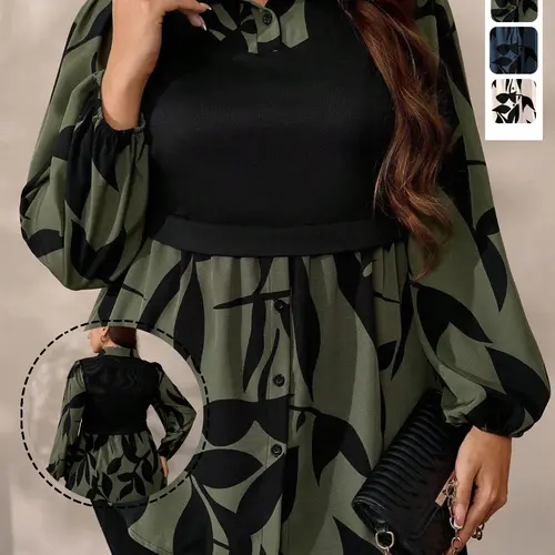 【Black Friday】Plus Size Floral Leaf Print Two-In-One Top, Casual Long Bishop Sleeves, Fashionable Fall & Winter Women's Blouse