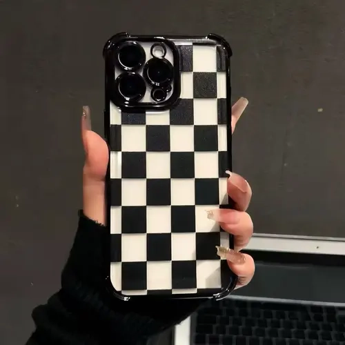 Black Style1 Shockproof Smartphone Protector Case - Black Checkerboard 4-Corner Anti-Drop, Transparent Heavy-Duty 360-Degree Protection for iPhone 17/16 Pro/16/15/14/13/12/11/X Pro Max Plus Devices