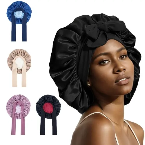 Women's Double-Layer Bonnet Silk – Lightweight Heatless Curls Sleep Hair Cap with Elastic Tie Band for Natural Curly Hair, Beauty & Personal Care Haircare Accessory (Pink, Black, Blue, Brown)