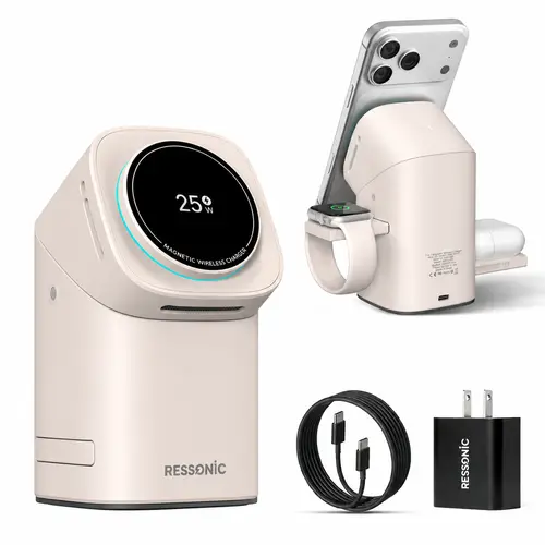 RESSONIC Qi2 Certified 3-Way Fast Wireless Phone Charger - Magnetic Chargeable Charging Station for Smartphone, iWatch, AirPods, with Automatic Rotation, Touch Pop-Up, Portable Aesthetic Desk Gadget