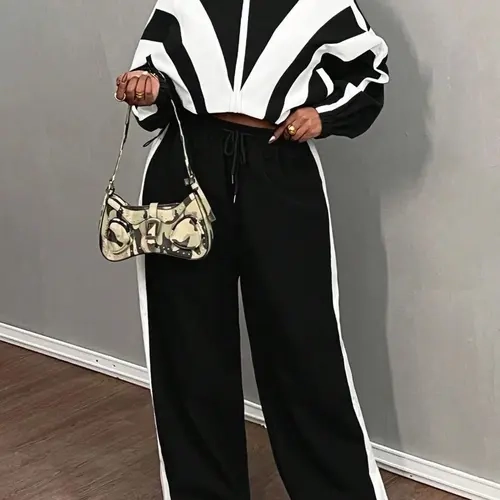 Women's Street Style Casual Patchwork Two-Piece Loose Fit Set, Casual Streetwear Set, Contrast Color Zipper Long Sleeve Top & Elastic Waist Pants, Sporty Outfit