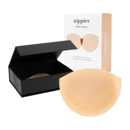 Nippies Women's Premium Silicone Nipple Covers - Semi-Circle Adhesive Bra Inserts, Fits A-C Cups, Soft Touch, Discreet Coverage, Skin-Gentle, Slim, Reusable, Hand Washable, Everyday Underwear Accessory for Women with Travel Case & Neck/Body Cover