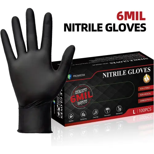 PROMEDIX Black Heavy Duty Nitrile Gloves, 6-Mil, Food Safe, Latex Free, Powder Free, Disposable Gloves for Cleaning, Cooking, Mechanics & Auto Repair, Kitchen & Bathroom Cleaning Gloves, Garage Gloves, BBQ & Grilling Gloves