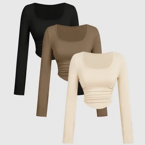 Women's 3-Piece Solid-Color Minimalist Ruched Fitted Long Sleeve Knit Fabric T-Shirt Set for Fall & Winter, Versatile Layering Tops, Knitwear
