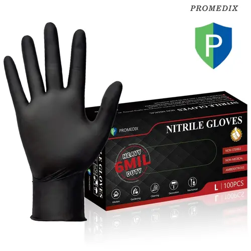PROMEDIX P Heavy-Duty 6mil Nitrile Cleaning Gloves, 100-Count Black Disposable Waterproof Gloves, Latex-Free, Powder-Free, Abrasive Resistant, Durable, No Irritants, for Daily Cooking & Pet Hair Removal