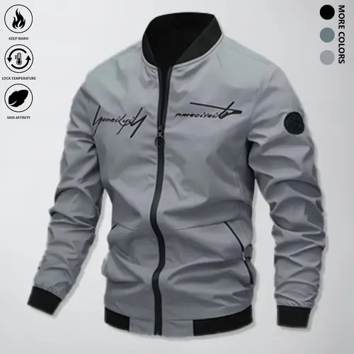Menswear Men's Fitted Polyester Casual Coat - Windproof, Waterproof, Warm Longsleeves, Hooded, Pull-On Design, Drawstring, Zip-Up Front, Zipper Pockets, Letter Print for Outdoor Activities