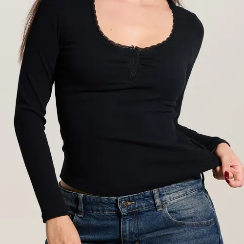 Lace Trim Henley Long Sleeve