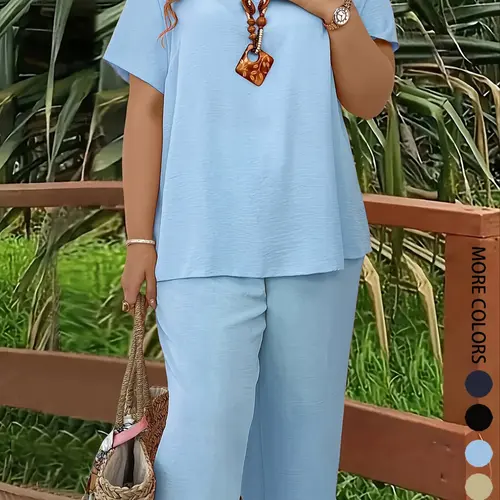 Plus Size Elegant Minimalist Women's Solid Color Short Sleeve Fashion Top & Casual Wide Leg Pants Set for Summer, Lounge Pants Set, Everyday Comfortable & Stylish, Lady Womenswear, Style, Fit, Clothes