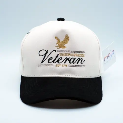 MOJA BASICS U.S. Veteran Unisex Letters 5-Panel A-Frame Flatbill Snapback Hat - High Quality Suede Feel Finish, Adjustable Snap, One-Size for Easy Gifting, Flatbill Snapback Cap