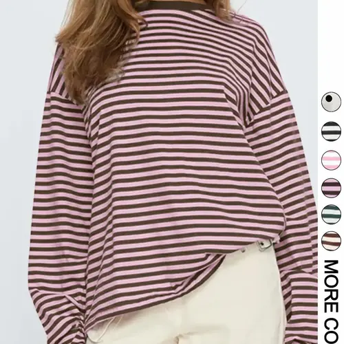 Women's Striped Long Sleeve Top, Casual Versatile Blouse, Stylish Ladies' Fashion Shirt, Perfect for Daily Wear & Layering, Loose Basic Tees