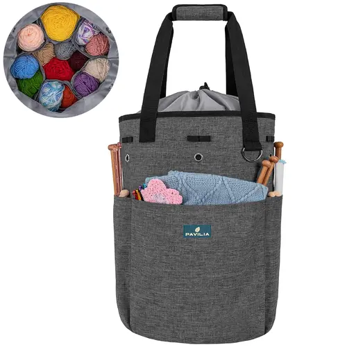 PAVILIA Crochet Bag Knitting Bag Organizer, Yarn Bag Storage Tote for Crocheting On The Go, Knitting Accessories Supplies Holder with Grommets, Gift for Crochet Lovers Knitters