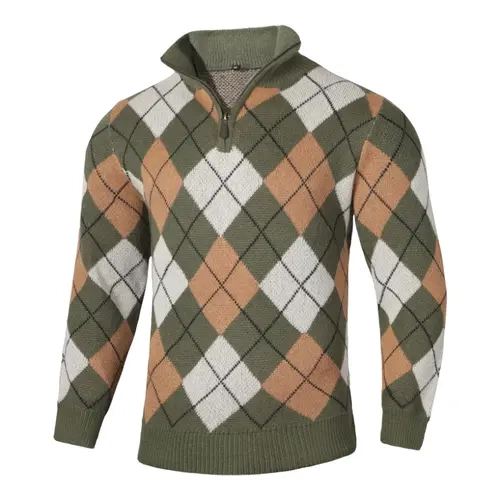 Zaitun Men's Fitted Quarter-Zip 1/4-Zip Turtleneck Long-Sleeve Pullover - Classic Plaid Argyle Cable Knit, Polyester Casual Chic Knitwear, Stylish Menswear Top